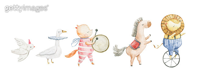 Cute circus cartoon vector illustration. Watercolor illustrations on a ...