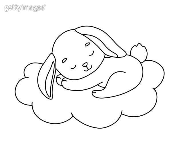 Cute dreaming bunny on cloud. Cartoon hand drawn vector outline ...