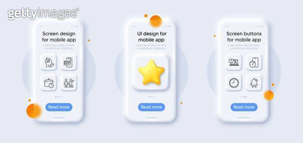 Timer app, Faq and Teamwork line icons pack. For web app. 3d phone ...