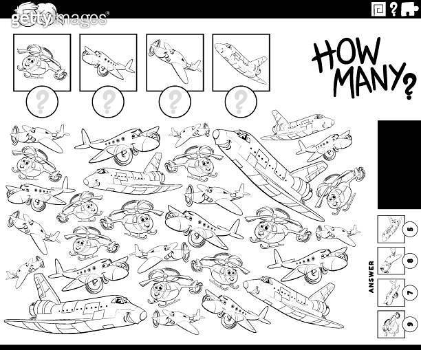 how many cartoon flying machines counting game coloring page ...
