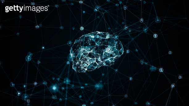 Blue polygon brain logo and digital ai icons linked on grid mesh and ...