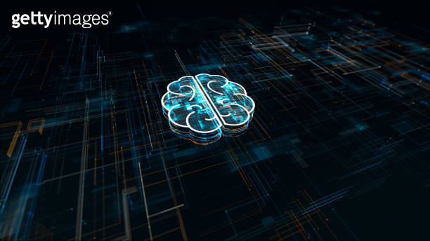 Dark blue particle Brain logo with grid line digital futuristic ...