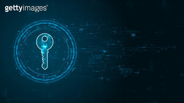 Blue digital security key logo and circle futuristic HUD elements with ...