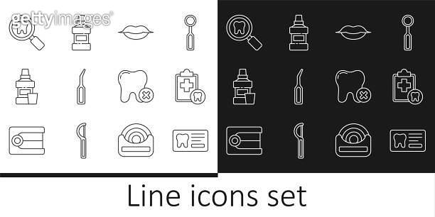 Set line Dental card, Smiling lips, explorer scaler, Mouthwash bottle ...