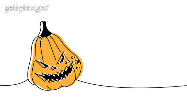 Autumn pumpkin face, vegetable one line colored continuous drawing ...