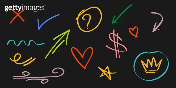 Hand drawn set of doodle emphasis elements. dollar, check mark, crown ...