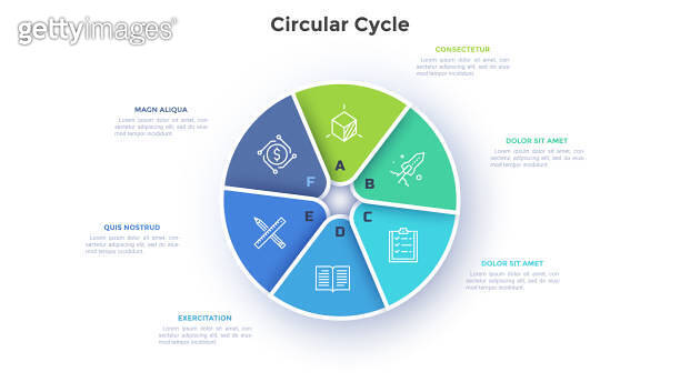 Circular pie diagram divided into 6 colorful sectors. Concept of six ...