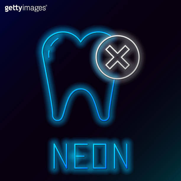 Glowing neon line Tooth with caries icon isolated on black background ...