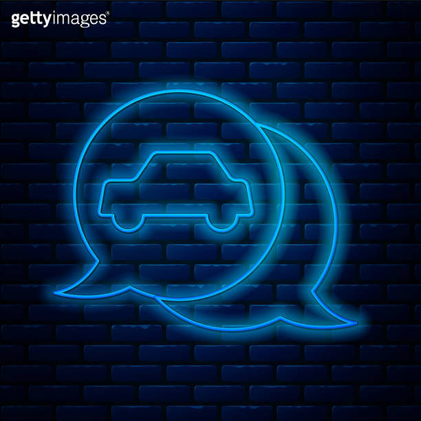 Glowing neon line Car service icon isolated on brick wall background ...