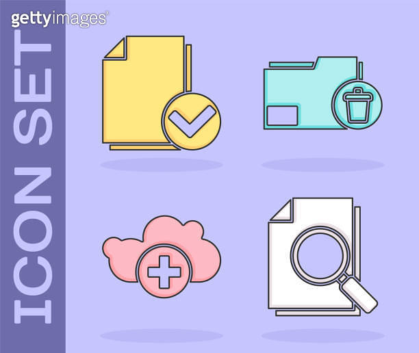 Set Document with search, Document and check mark, Add cloud and Delete ...
