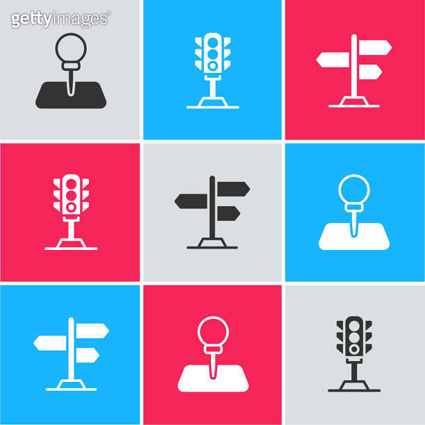 Set Push pin, Traffic light and Road traffic sign icon. Vector ...