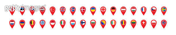 European flags in the geo location icon. Europe countries map pin set ...