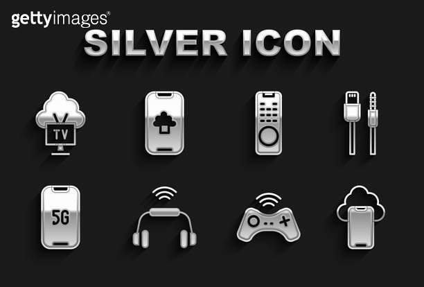 Set Smart headphones system, USB cable cord, Cloud technology data ...
