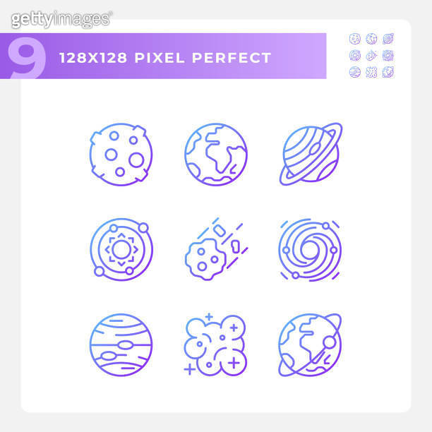 Celestial bodies pixel perfect gradient linear vector icons set ...