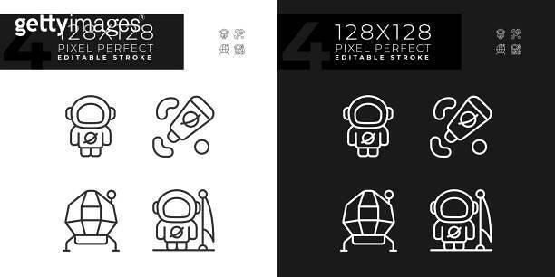 Moon mission pixel perfect linear icons set for dark, light mode ...