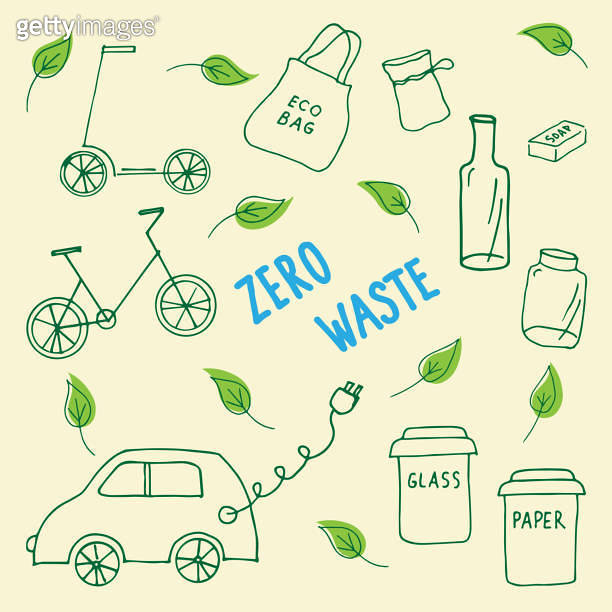Zero waste concept with ecological objects and lettering.Doodle. Vector ...