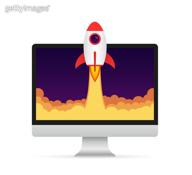 Rocket launch from computer screen. Rocket taking off. Business Start ...