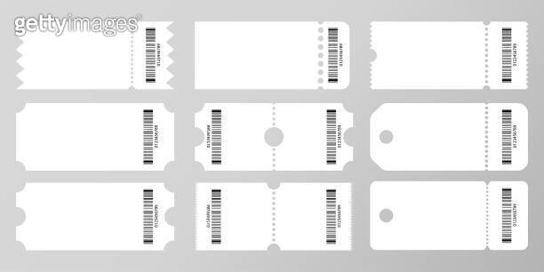 Blank ticket mockup. White tickets with barcodes, empty coupon and ...