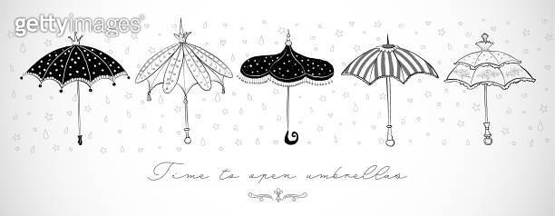 Design template with five doodle vintage umbrellas on white background ...