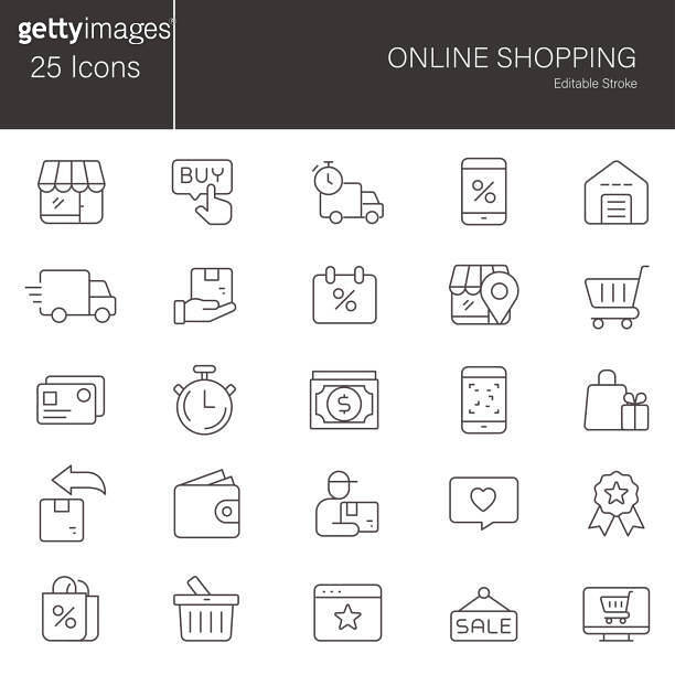 Online Shopping line icon set. 25 editable stroke vector graphic ...