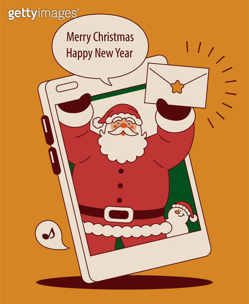Santa Claus and Snowman popping out of a smartphone and sending an e ...