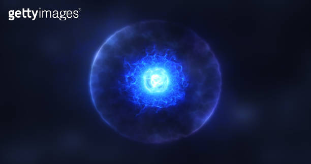 Abstract sphere atom with electrons flying glowing bright particles and ...