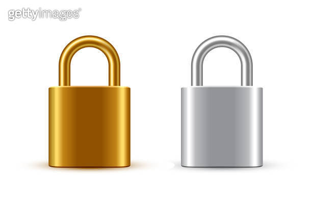 Padlocks vector illustration set. Steel golden and silver locks ...