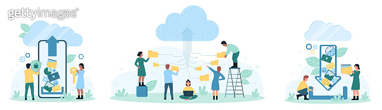 Cloud storage for data files set, tiny people upload digital document ...