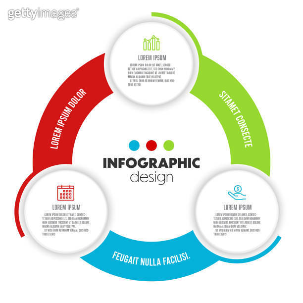 Vector round pie chart divided into 3 colorful parts. Concept startup ...