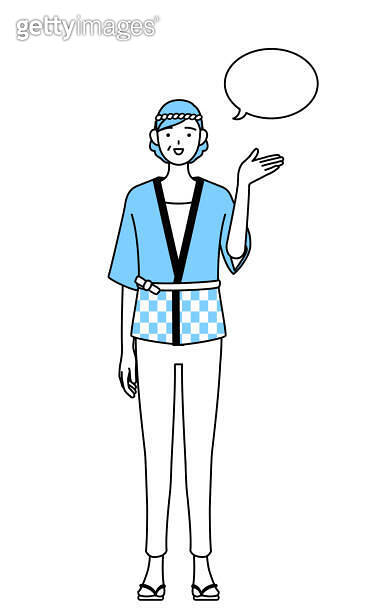 Senior woman wearing Happi coat for summer festivals giving directions ...