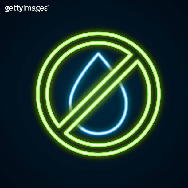 Glowing neon line Water drop forbidden icon isolated on black ...
