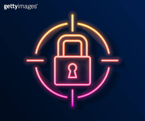Glowing neon line Lock icon isolated on black background. Padlock sign ...