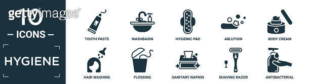 filled hygiene icon set. contain flat tooth paste, washbasin, hygienic ...