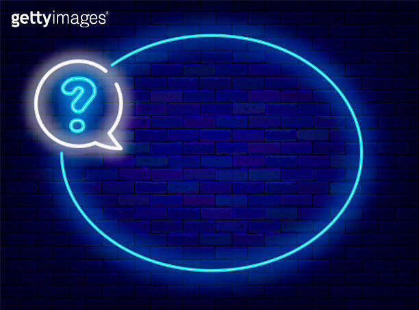 Ellipse neon frame with question mark. Doubt and exam concept. Copy ...