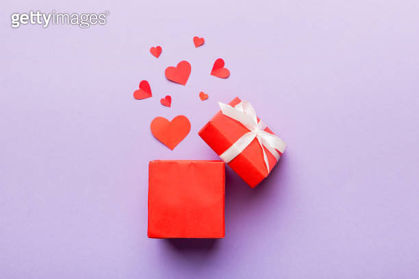 Happy valentines day opened heart shape gift box with small hearts, on ...