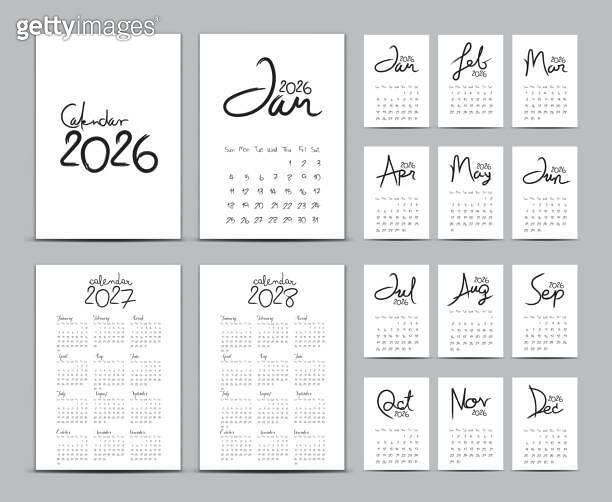 Desk calendar 2026 template set, Calendar 20272028, Lettering calendar
