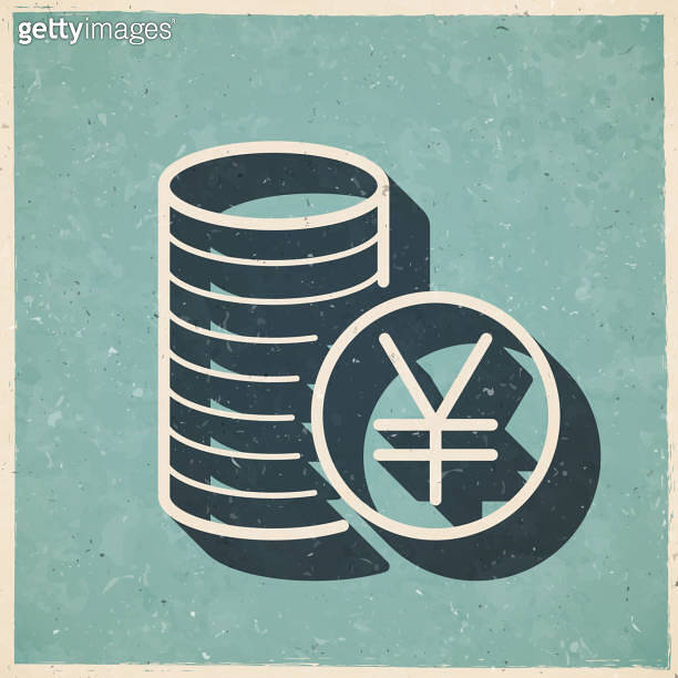 Yen coins stack. Icon in retro vintage style - Old textured paper ...