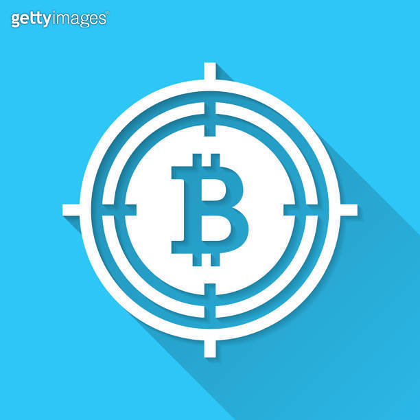 Bitcoin in viewfinder. Icon on blue background - Flat Design with Long ...