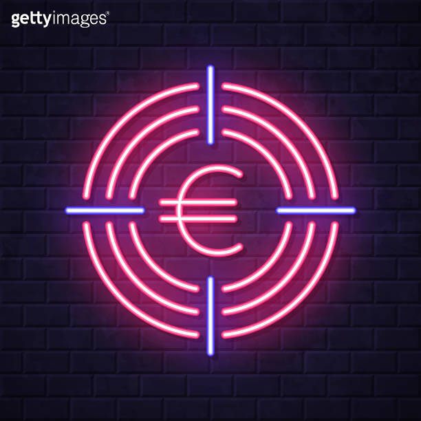 Euro in viewfinder. Glowing neon icon on brick wall background ...