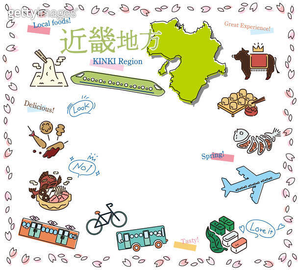 Set of spring gourmet tourism icons in the Kinki region of Japan (line ...