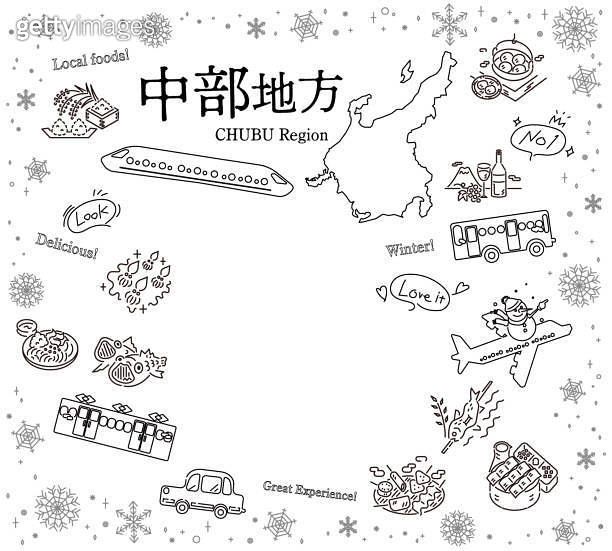 Set of winter gourmet tourism icons in the Chubu region of Japan (line ...