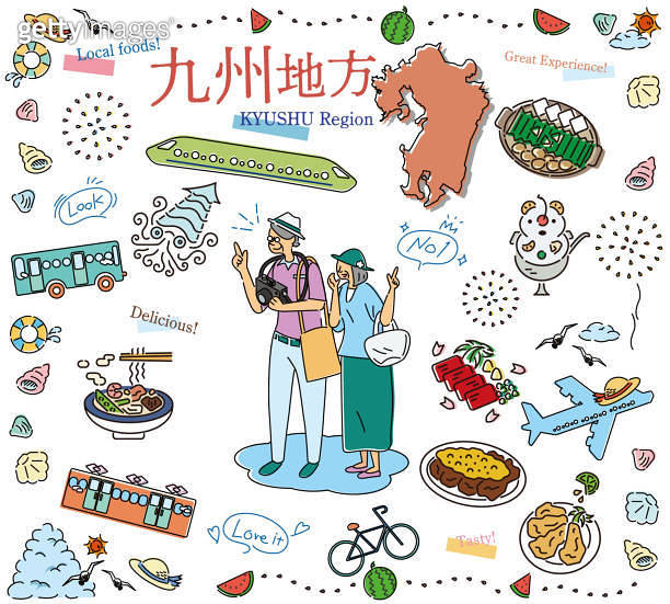 A senior couple enjoying summer gourmet sightseeing in the Kyushu ...