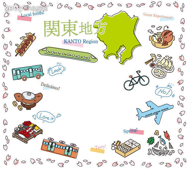 Set of spring gourmet tourism icons in the Kanto region of Japan (line ...