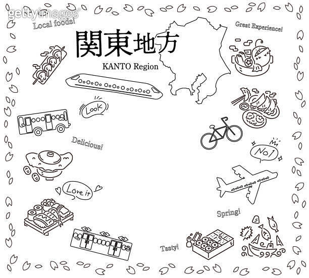 Set of spring gourmet tourism icons in the Kanto region of Japan (line ...