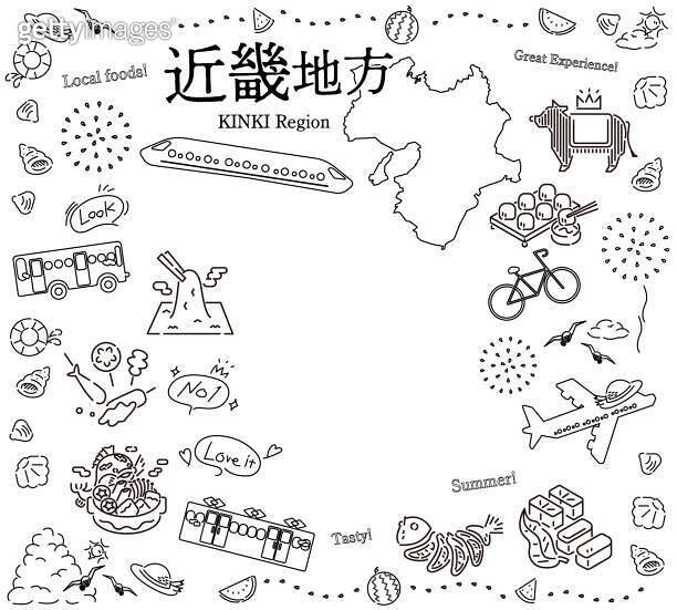 Set of summer gourmet tourism icons in the Kinki region of Japan (line ...