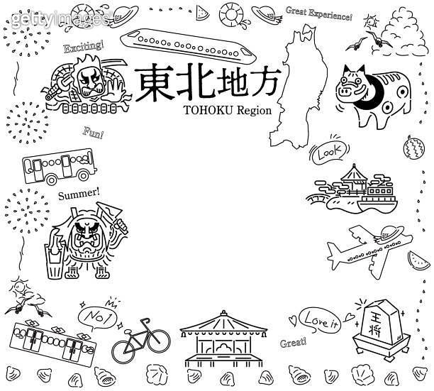 Set of summer famous place tourism icons in the Tohoku region of Japan ...