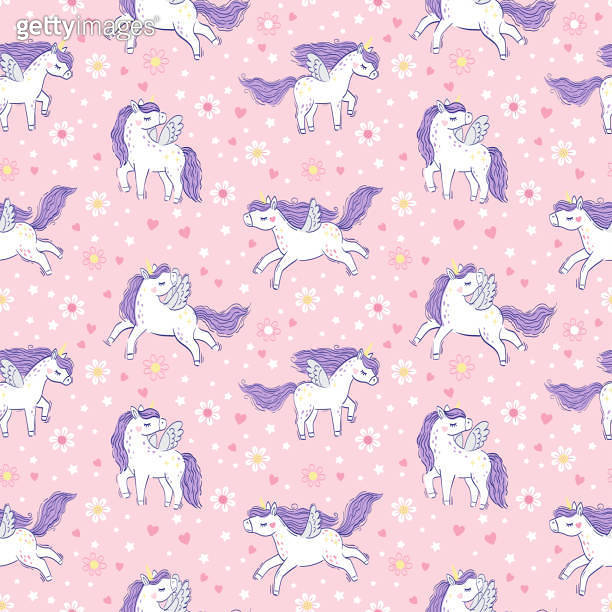 White unicorn with purple mane and tail. Vector seamless pattern with ...