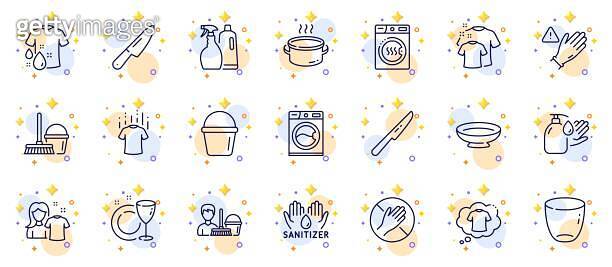 Outline set of Dry t-shirt, Dish plate and Dish line icons for web app ...