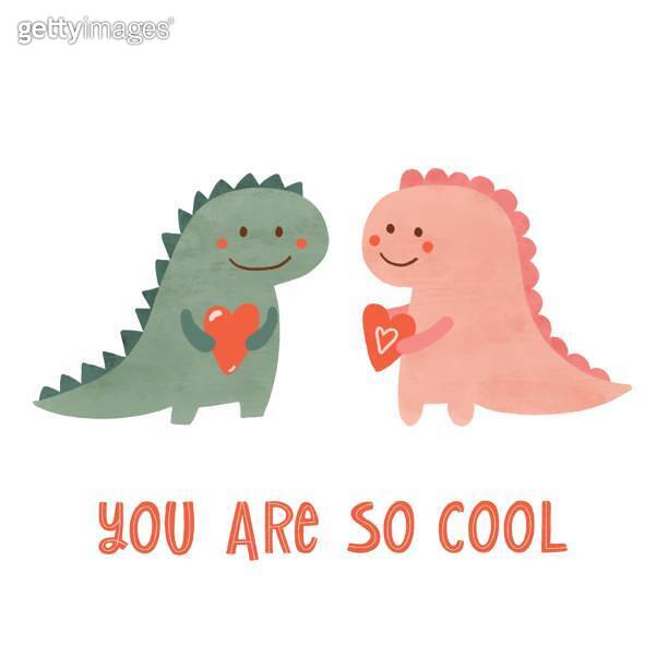 Valentines day cute dinosaurs with pink heart and text You are so cool ...