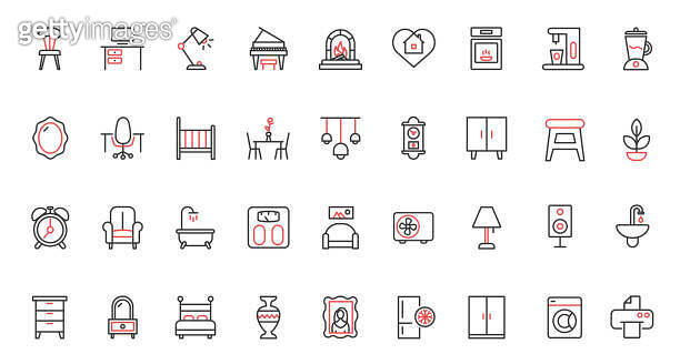 Home furniture and appliances red black thin line icons set, elements ...
